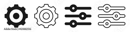 Setting black icon set. Isolated option symbols on white background. Gear cogwheel settings, basic app options. Config glyph filled and outline. Vector illustration.