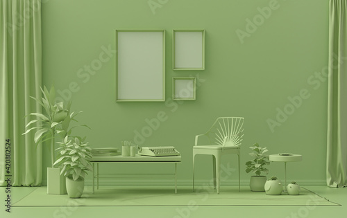 Gallery wall with three frames, in monochrome flat single light green color room with furnitures and plants, 3d Rendering