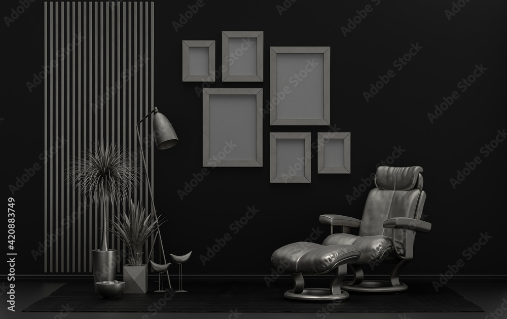 Wall mockup with six frames in solid flat pastel black background and metallic silver color, monochrome interior modern living room with furnitures and plants, 3d rendering Wall mockup with six frames in solid flat pastel black background and metallic silver color, monochrome interior modern living room with furnitures and plants, 3d rendering