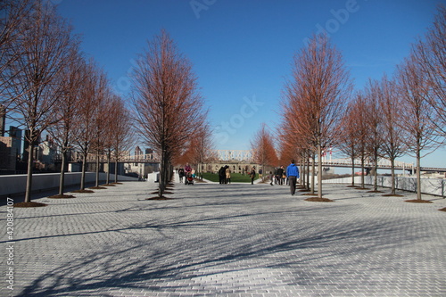 Roosevelt Island park view at the beginning of spring. 