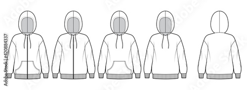 Set of Zip-up Hoody sweatshirt technical fashion illustration with long sleeves, oversized body, kangaroo pouch, knit rib cuff. Flat template front, back, white color. Women, men, unisex CAD mockup