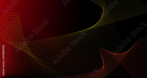 Abstract design with refracted lines red and yellow. Colored dynamic waves on a black background. Geometric abstract banner for text. Vector illustration, template.