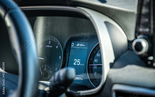 Vehicle control panel, fuel consumption and speed on the speedometer © konoplizkaya