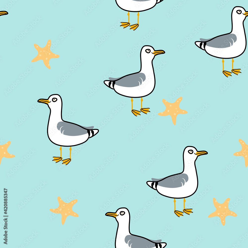 Fototapeta premium Marine seamless vector pattern. Cartoon seagulls and starfish on blue background. Ocean animal doodle illustration. Can be used for textile, wallpaper, bed linen, wrapping paper.