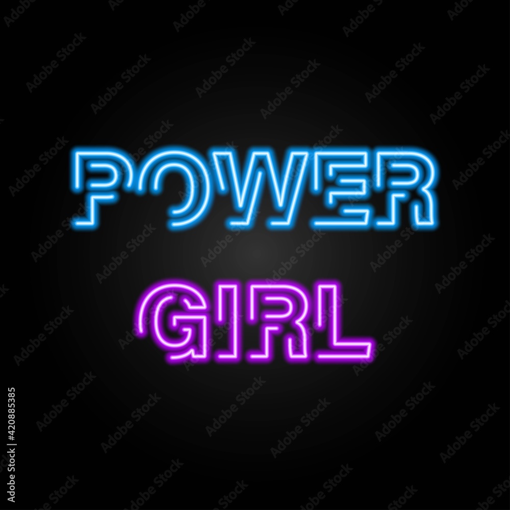 Power girl neon sign, modern glowing banner design, colorful trend of modern design on black background. Vector illustration.