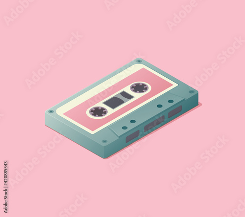 Isometric audio tape cassette concept. Colored vector illustration. Music listening. 