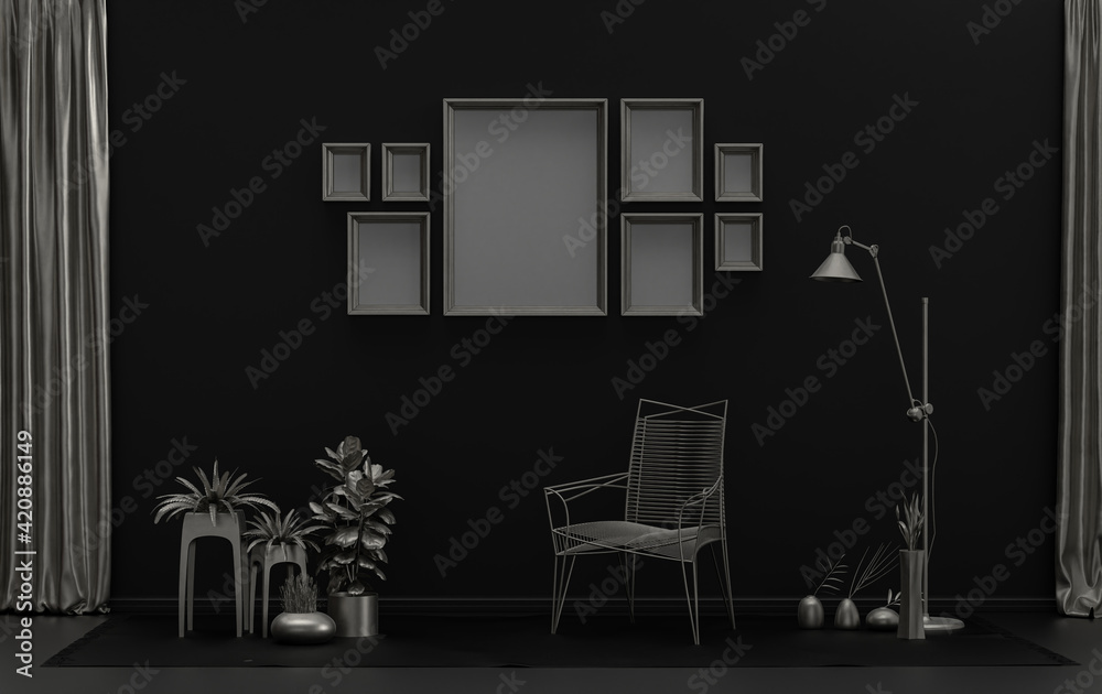 Fototapeta premium Minimalist living room interior in flat single pastel black background and metallic silver color with 8 frames on the wall and furnitures and plants, in the room, 3d Rendering