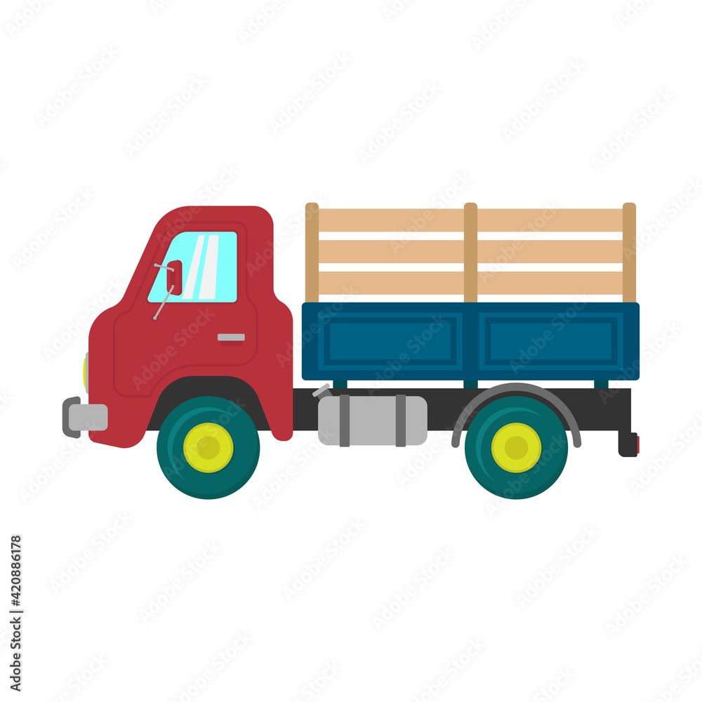 Cute small cartoon truck icon. Colored silhouette. Side view. Vector simple flat graphic illustration. The isolated object on a white background. Isolate.