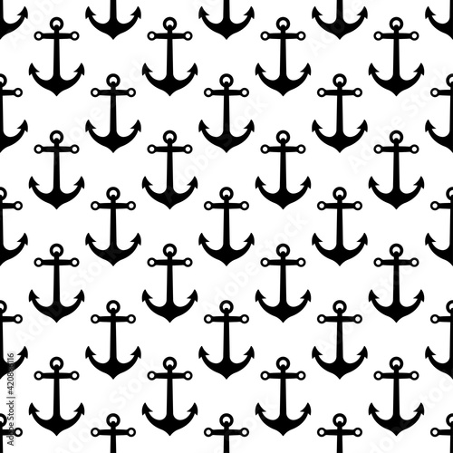 Black ship anchors isolated on white background. Cute monochrome seamless pattern. Vector simple flat graphic illustration. Texture.