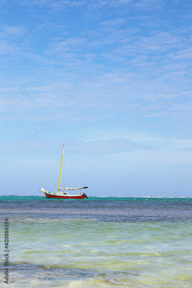 Obraz premium A sailboat sitting just off shore along the coast in Belize