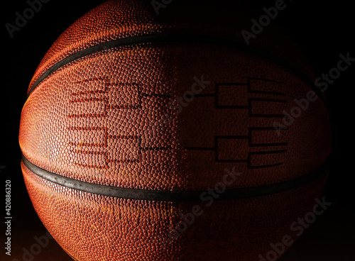 Closeup of a basketball with a tournament bracket photo