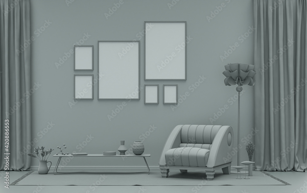 Wall mockup with six frames in solid flat pastel ash gray color, monochrome interior modern living room with furnitures and plants, 3d rendering Wall mockup with six frames in solid flat pastel ash gray color, monochrome interior modern living room with furnitures and plants, 3d rendering