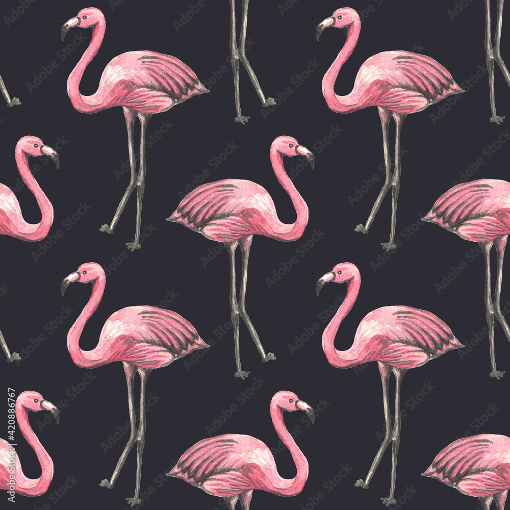 Obraz premium Seamless tropical pattern with pink flamingo on dark background. Watercolor background. Design for wallpaper, textile design, packing, textile, fabric.