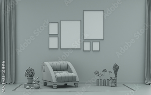 Wall mockup with six frames in solid flat  pastel ash gray color, monochrome interior modern living room with single chair and plants, 3d rendering © markOfshell