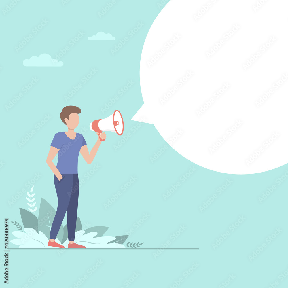 Man with a megaphone and blank bubble chat Vector flat illustration Man with a megaphone and blank bubble chat Vector flat illustration