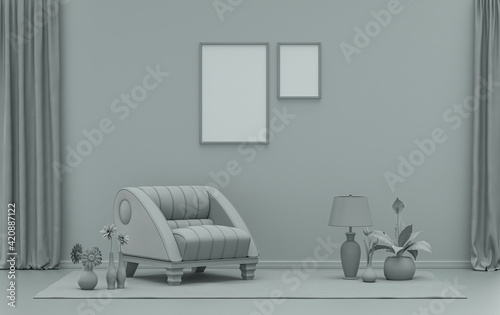 Double Frames Gallery Wall in ash gray color monochrome flat room with furnitures and plants, 3d Rendering © markOfshell