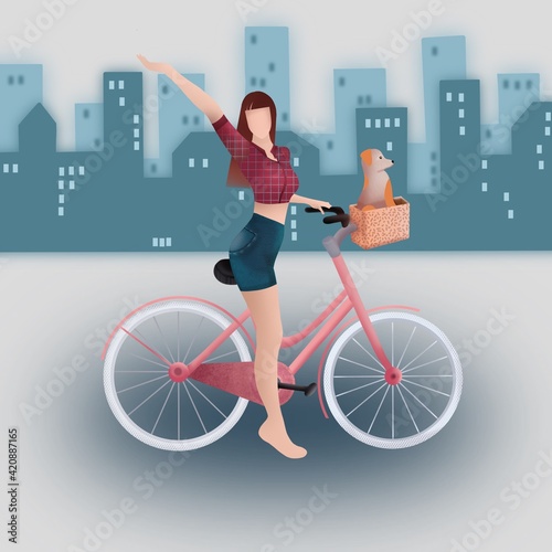 young girl brunette on pink bike with the dog in the basket, spending her free laisure time in the city, on the background of buildings and skyscreapers photo