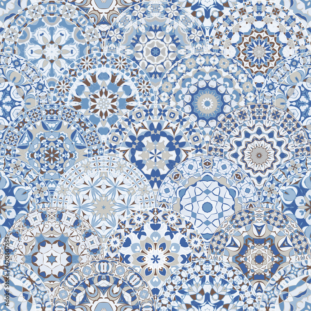 Seamless bright pattern with colorful mandalas in oriental style.