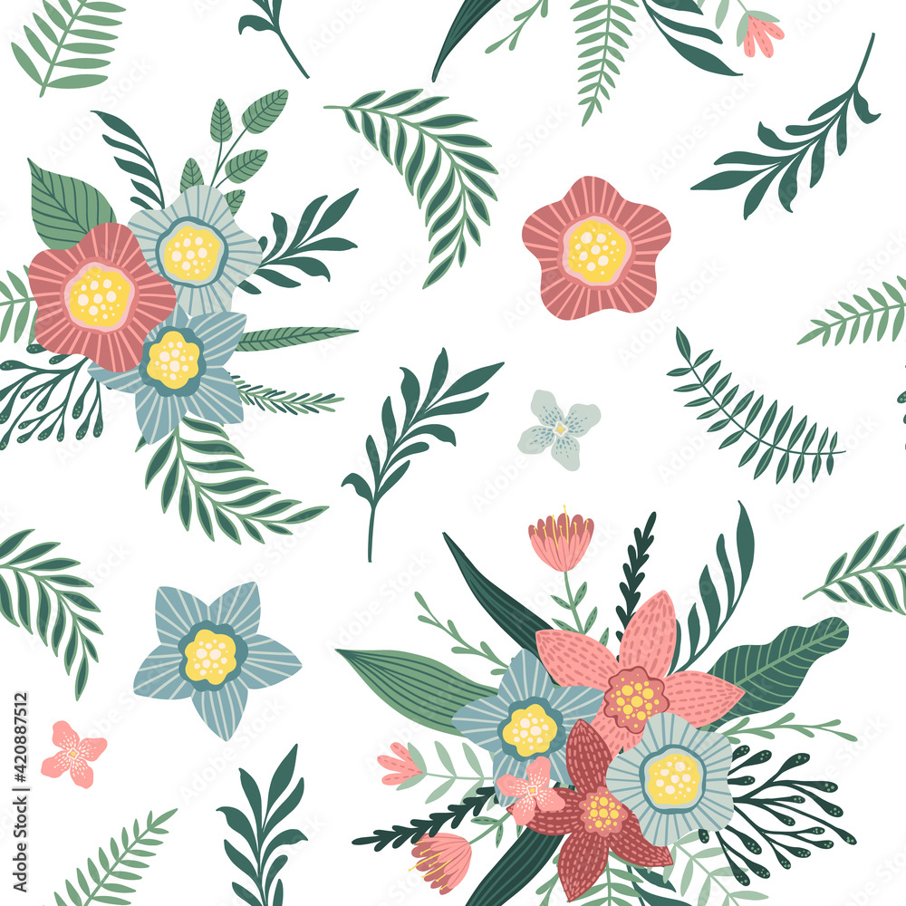 Seamless pattern with flowers and leaves. Creative floral texture. Great for fabric, textile Vector Illustration