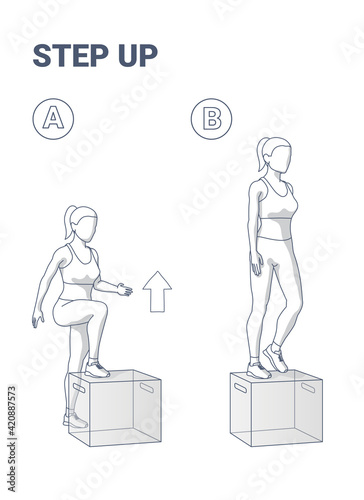 Step Up Exercise for Woman Home Workout Guide. Young Female in Sportswear Does the Escalation on Box