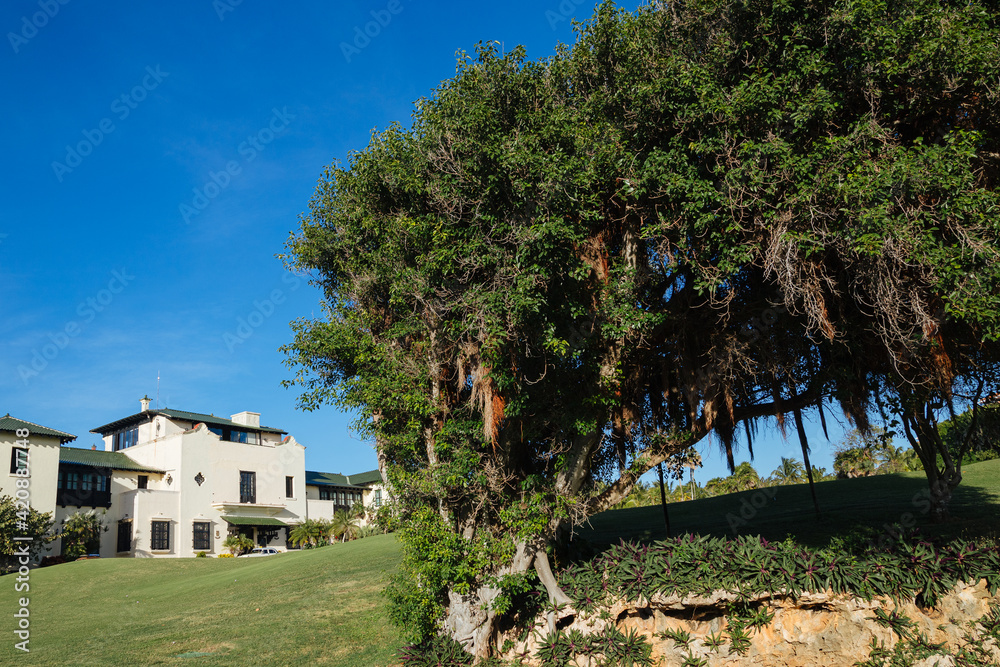 Large, wellkept garden and a white colonialstyle house. Life in Cuba