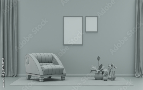 Double Frames Gallery Wall in ash gray color monochrome flat room with single chair and plants, 3d Rendering © markOfshell