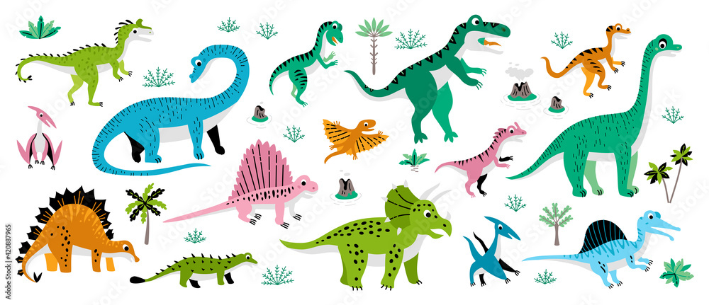 Fototapeta premium Childish poster with Jurassic reptiles. Cute flat dinosaur set. Illustrations prehistoric lizard for children. Cartoon characters dino isolated on white background. Dinosaur era wildlife - Vector