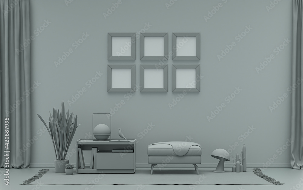 Mock-up poster gallery wall with six frames in solid pastel ash gray room with furnitures and plants, 3d Rendering Mock-up poster gallery wall with six frames in solid pastel ash gray room with furnitures and plants, 3d Rendering