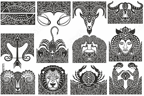 Set of zodiac signs icons. Aries, leo, gemini, taurus, scorpio, aquarius, pisces, sagittarius, libra, virgo, capricorn and cancer. 
