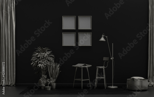 Single color monochrome black and metallic silver color interior room with furnitures and plants   4 poster frames on the wall  3D rendering