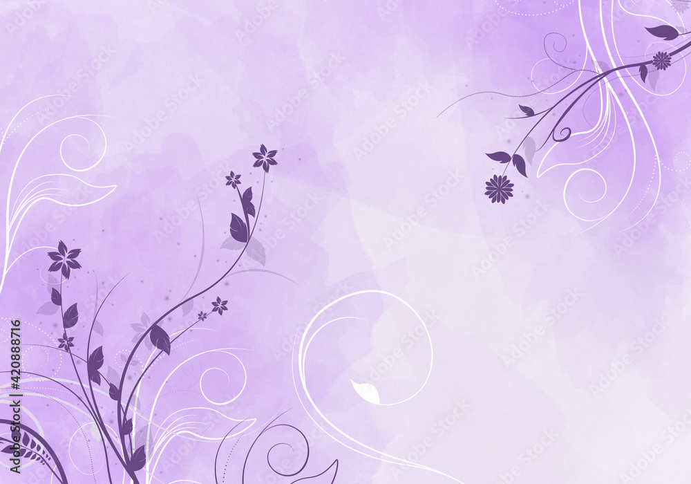 Elegant purple and white background with swirls and little leaves and space for your text. Spring illustration.