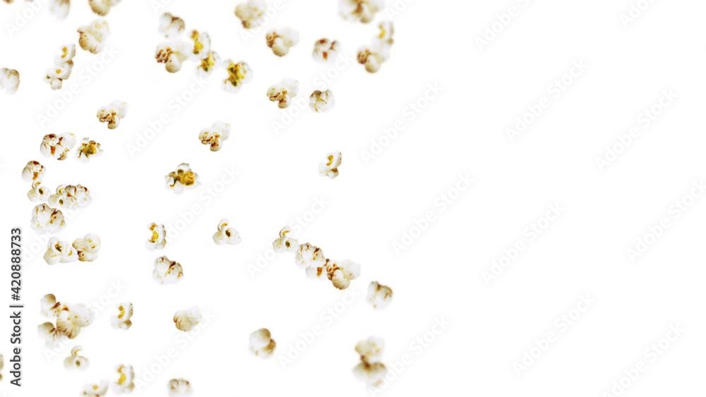 Flying many popcorns on white background. White salty popcorn. Healthy food. Corn seed. 3D loop animation of popcorn rotating. Flying many popcorns on white background. White salty popcorn. Healthy food. Corn seed. 3D loop animation of popcorn rotating.