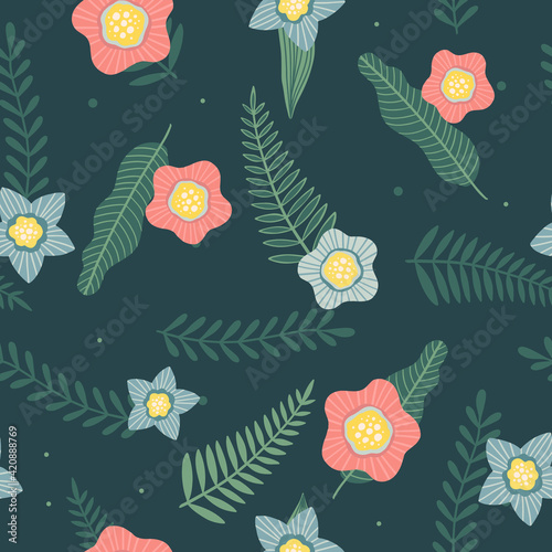 Seamless pattern with flowers and leaves. Creative floral texture. Great for fabric, textile Vector Illustration