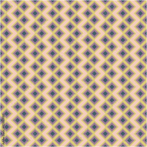 Abstract geometric sqaure background in neutral colors. Seamless yellow purple vector pattern. Fashion fabric patchwork design. Simple geometry chevron pattern