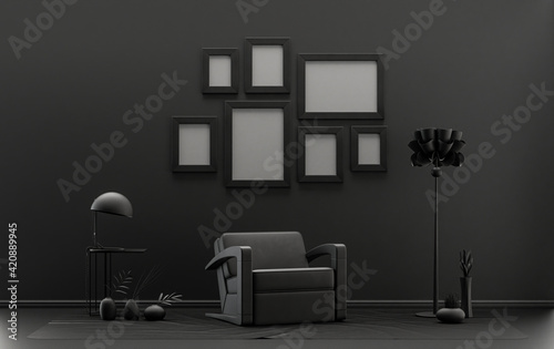 Minimalist living room interior in flat single pastel black and dark gray color with seven frames on the wall and furnitures and plants  in the room  3d Rendering