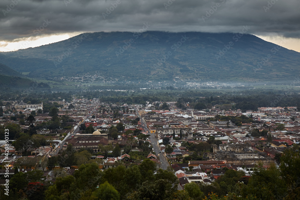 Bird's eye view of Antigua Guatemala. The clouds hang low. 