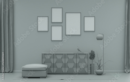 Single color monochrome ash gray color interior room with furnitures and plants, 5 poster frames on the wall, 3D rendering