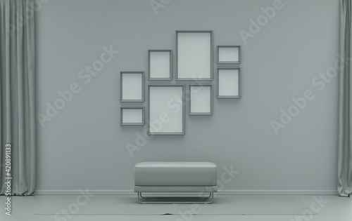 Minimalist living room interior in flat single pastel ash gray color with 8 frames on the wall with middle ottoman puff without plants in the room, 3d Rendering