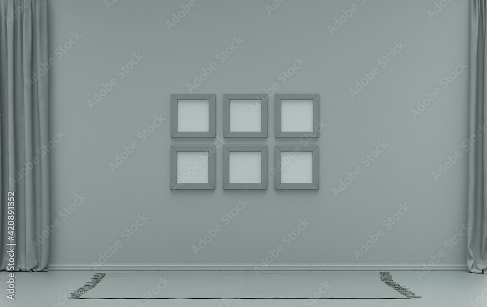 Mock-up poster gallery wall with six frames in solid pastel ash gray room without furniture and empty, 3d Rendering Mock-up poster gallery wall with six frames in solid pastel ash gray room without furniture and empty, 3d Rendering