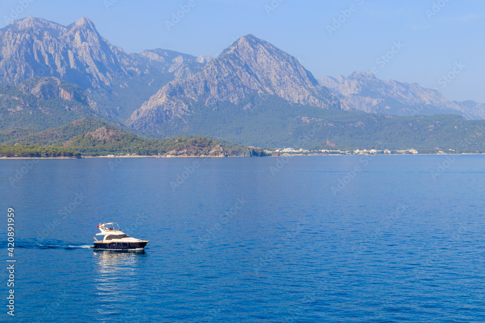 Luxury yacht sailing in the Mediterranean sea in Kemer, Antalya province, Turkey. Turkish Riviera