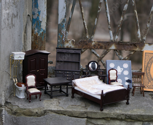 toy vintage old fashioned furniture at the flea market. High quality photo photo