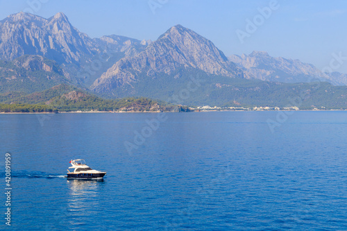 Luxury yacht sailing in the Mediterranean sea in Kemer, Antalya province, Turkey. Turkish Riviera © olyasolodenko