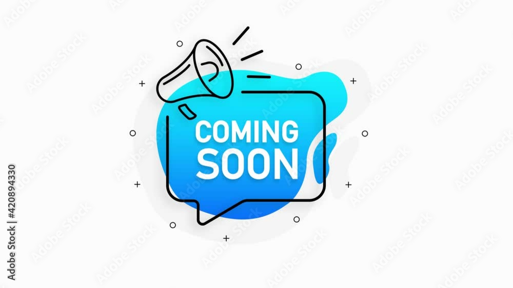 Coming soon of marketing design badge with loudspeaker blue color on white background. Motion graphic.