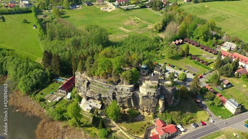 Aerial view of Sloup Castle in Northern Bohemia, Czechia. Sloup rock castle in the small town of Sloup v Cechach, in the Liberec Region, north Bohemia, Czech Republic. photo