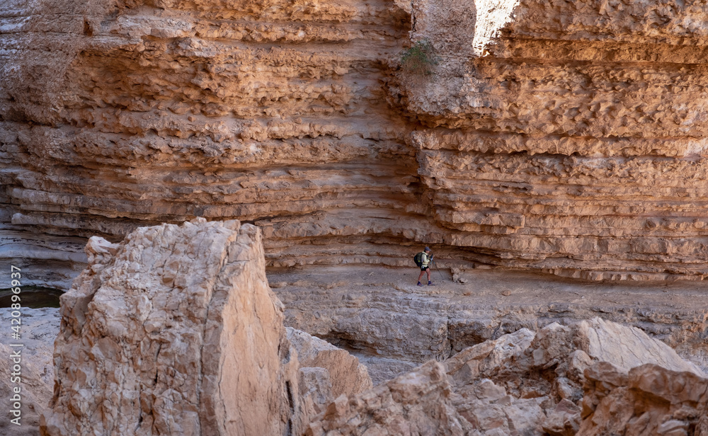 Female hiker on a hiking trail in a remote region of the nature reserve in the Negev Desert. Panoramic landscape of limestone mountains. High walls of a narrow canyon. Huge boulders.
