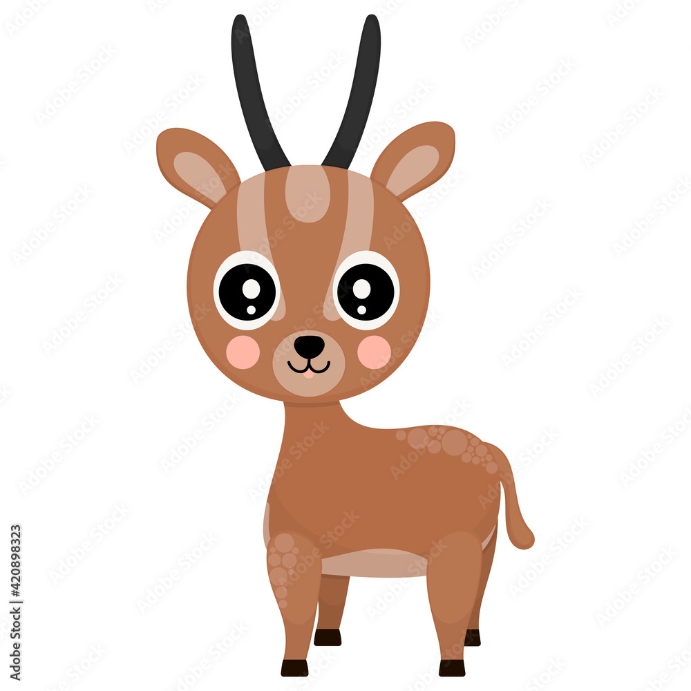 Obraz premium Cartoon cheerful baby dorcas gazelle on a white background. African cloven-hoofed animal. Vector.