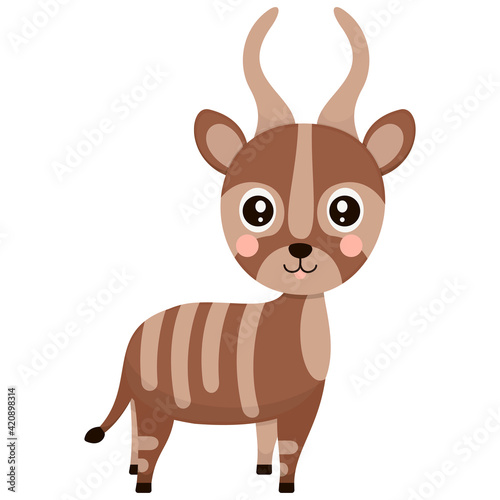 Little cartoon bongo antelope with ruddy cheeks on a white background. Isolated horned African animal for printing on children s t-shirt  sticker. Vector.