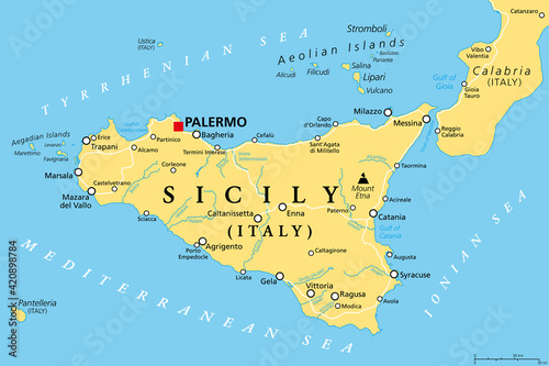 Sicily  autonomous region of Italy  political map  with capital Palermo  Aeolian and Aegadian Islands  volcano Etna  and important cities. Largest island in the Mediterranean Sea. Illustration. Vector