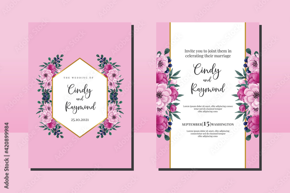 Wedding invitation frame set, floral watercolor hand drawn Peony Flower design Invitation Card Template
