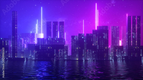 3d render, abstract ultraviolet background with urban skyscrapers illuminated with neon light. Starry night sky and water